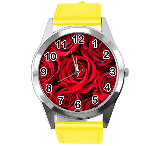 Gelb Leder Runde Armbanduhr für Blumen Fans e1, gelb von TAPORT