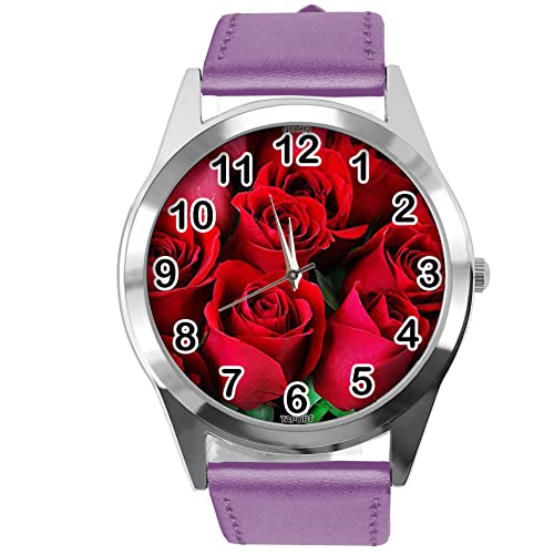 Leder-Armbanduhr, rund, für Blumen-Fans e2, Violett, violett von TAPORT