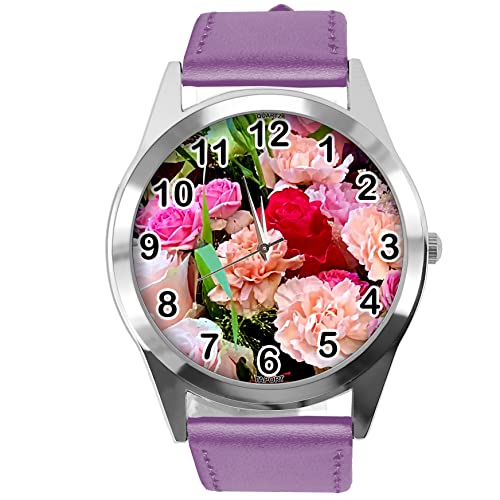 Leder-Armbanduhr, rund, für Blumen-Fans e4, Violett, violett von TAPORT