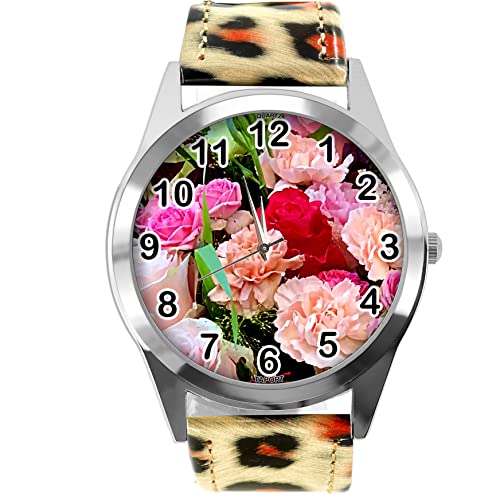 Leopardenmuster Leder Runde Armbanduhr für Blumen Fans e4, leopardenmuster von TAPORT