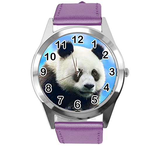 TAPORT Lila Leder Runde Uhr für Fans von Panda, violett, Gurt von TAPORT