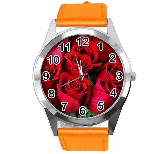 Orange Leder Runde Armbanduhr für Blumen Fans e2, Orange von TAPORT