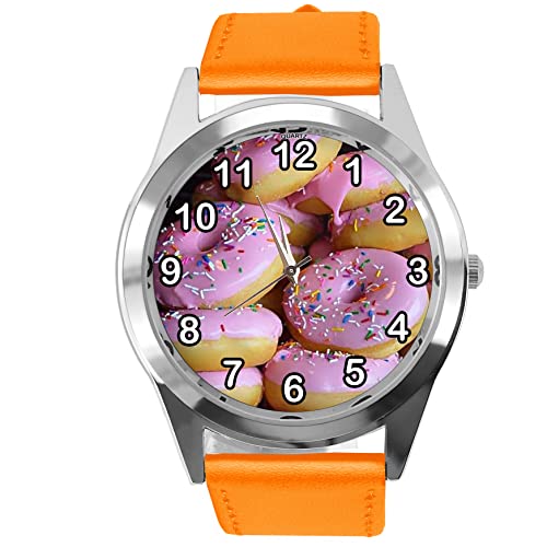 Orange Leder Runde Armbanduhr für Donut-Fans, Orange von TAPORT