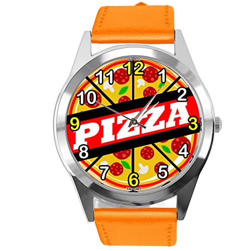 TAPORT Orange Leder Runde Uhr für Fans von Pizza, Orange, Gurt von TAPORT