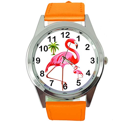 Orange Leder Runde Quarzuhr für Flamingo Fans von TAPORT