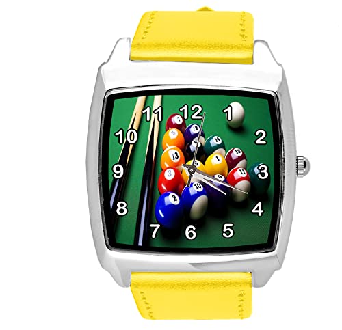 Quadratische Armbanduhr für Poolspiel-Fans, Leder, Gelb von TAPORT