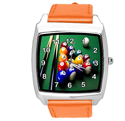 Quadratische Armbanduhr für Poolspiel-Fans, Leder, Orange von TAPORT