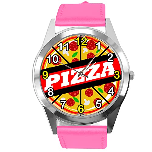 Runde Armbanduhr aus Leder für Fans von Pizza, hot pink von TAPORT