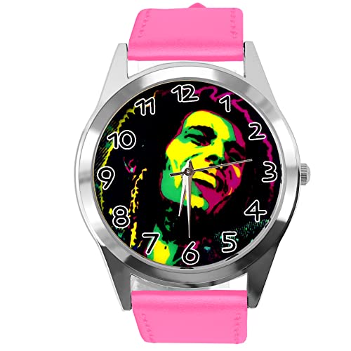 Runde Armbanduhr aus Leder für Reggae-Fans, hot pink von TAPORT