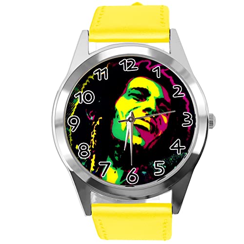 Runde Armbanduhr aus gelbem Leder für Reggae-Fans, gelb von TAPORT