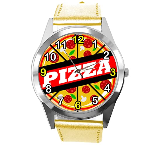 Runde Armbanduhr aus goldfarbenem Leder für Fans von Pizza, gold von TAPORT