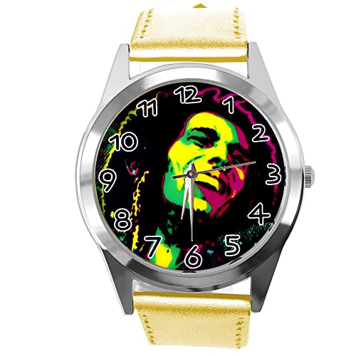 Runde Armbanduhr aus goldfarbenem Leder für Reggae-Fans, gold von TAPORT