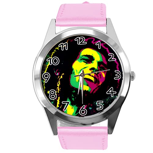 Runde Armbanduhr aus rosa Leder für Reggae-Fans, babyrosa von TAPORT