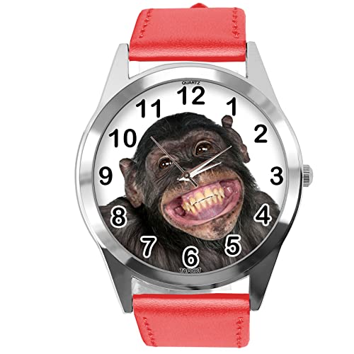 Runde Armbanduhr aus rotem Leder für Fans von Affen, rot von TAPORT