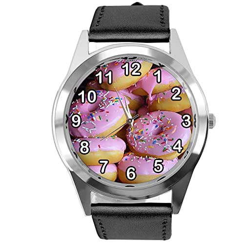 Runde Armbanduhr aus schwarzem Leder für Donut-Fans, Schwarz von TAPORT