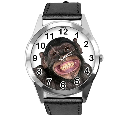 TAPORT Schwarze runde Uhr aus Leder für Fans von Monkey, Schwarz , Gurt von TAPORT