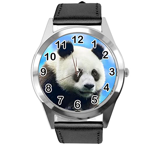 TAPORT Schwarze runde Uhr aus Leder für Fans von Panda, Schwarz , Gurt von TAPORT