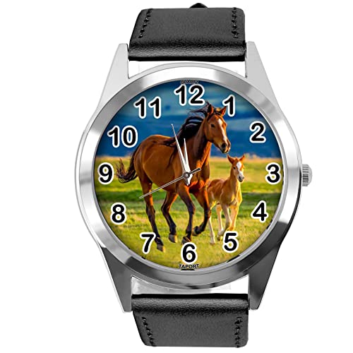 TAPORT Schwarze Leder Runde Uhr für Pferde Fans E5, Schwarz , Gurt von TAPORT