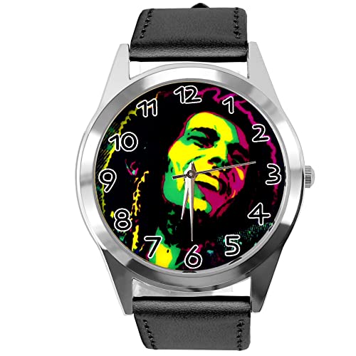 Runde Armbanduhr aus schwarzem Leder für Reggae-Fans, Schwarz von TAPORT