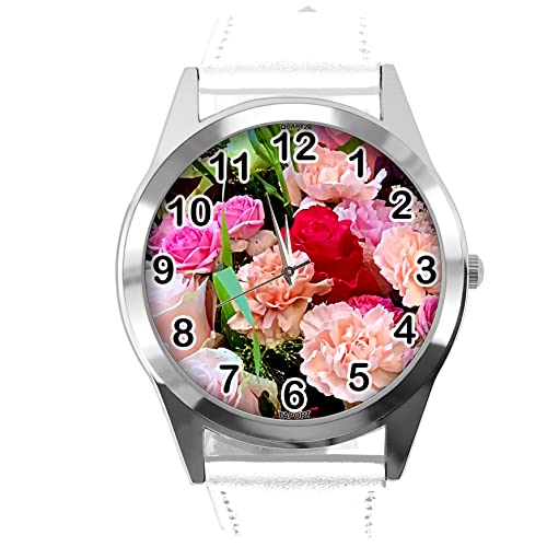 Runde Armbanduhr aus weißem Leder für Blumen-Fans e4, weiß von TAPORT