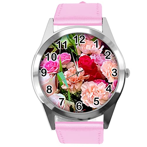 TAPORT Runde Armbanduhr für Blumen-Fans, Leder, Rosa, babyrosa, Riemen von TAPORT