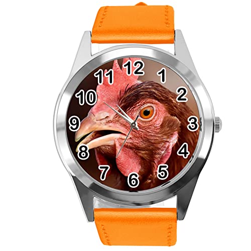 Runde Uhr aus Leder für Hühner-Fans, Orange von TAPORT