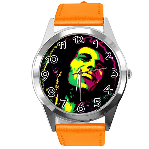 Runde Uhr aus Leder für Reggae-Fans, Orange von TAPORT