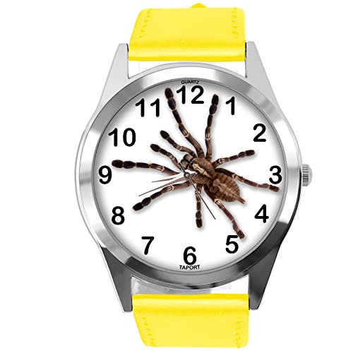 Runde Uhr aus gelbem Leder für Fans von Spinne, gelb von TAPORT