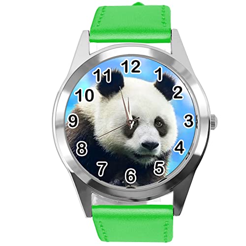 Runde Uhr aus grünem Leder für Fans von Panda, grün von TAPORT