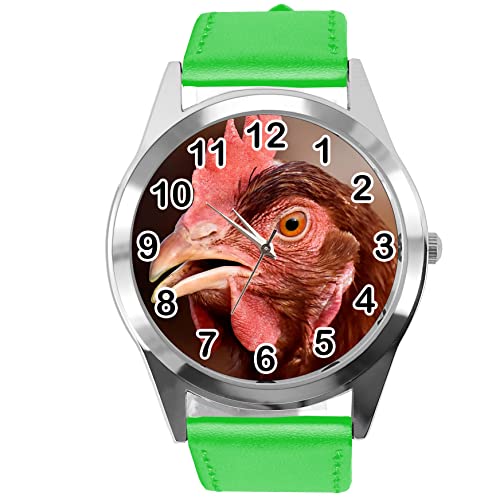 TAPORT Grüne Leder Runde Uhr für Fans von Huhn, grün, Gurt von TAPORT