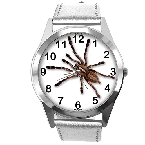 Runde Uhr aus silberfarbenem Leder für Fans von Spinne, silber von TAPORT