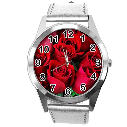 Silber Leder Runde Uhr für Blumen Fans e2, silber von TAPORT