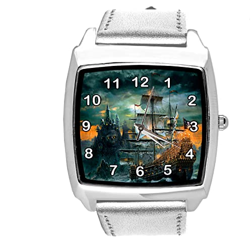 TAPORT Quadratische Armbanduhr aus silberfarbenem Leder für Schiffsfans, silber, Modern von TAPORT