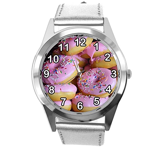 Silberne Leder Runde Armbanduhr für Donut-Fans, silber von TAPORT