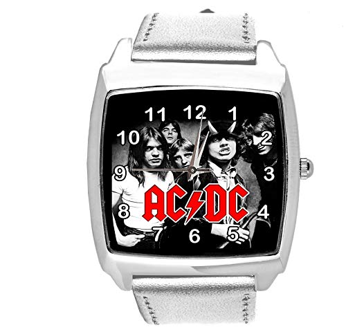 TAPORT® Armbanduhr Analog Quarz mit Echtleder Band Silber Quadrat für Fan von ACDC von TAPORT