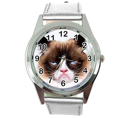 TAPORT® Armbanduhr Analog Quarz mit Echtlederband Silber Rund für Fan von Grumpy CAT, silber, Armband von TAPORT