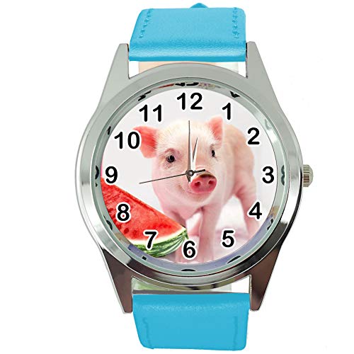 TAPORT® Armbanduhr Analog Quarz mit Echtleder Band blau rund für Ferkel Babe Fans von TAPORT