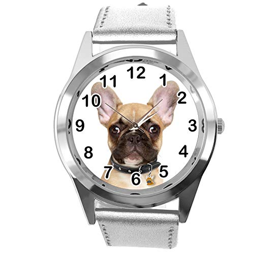 TAPORT® Armbanduhr Analog Quarz mit Echtlederband Silber rund für Französische Bulldogge Fans von TAPORT