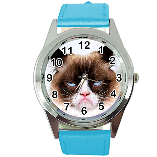 TAPORT® Armbanduhr Analog Quarz mit Echtlederband blau rund für Fan von Grumpy CAT, blau, Gurt von TAPORT