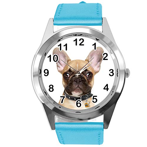 TAPORT® Armbanduhr Analog Quarz mit Echtlederband Blau Rund für Französische Bulldogge Fans, blau, Gurt von TAPORT