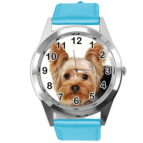 TAPORT® Armbanduhr Analog Quarz mit Echtlederband blau rund für York Terrier Fans, blau, Gurt von TAPORT