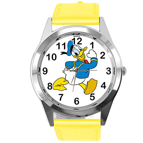 TAPORT® Armbanduhr Analog Quarz mit Echtlederband gelb rund für Fan von Donald Duck von TAPORT