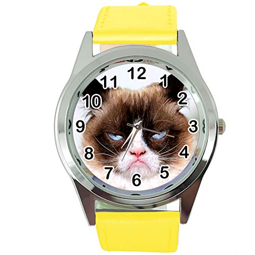 TAPORT® Armbanduhr Analog Quarz mit Echtlederband gelb rund für Fan von Grumpy Cat von TAPORT