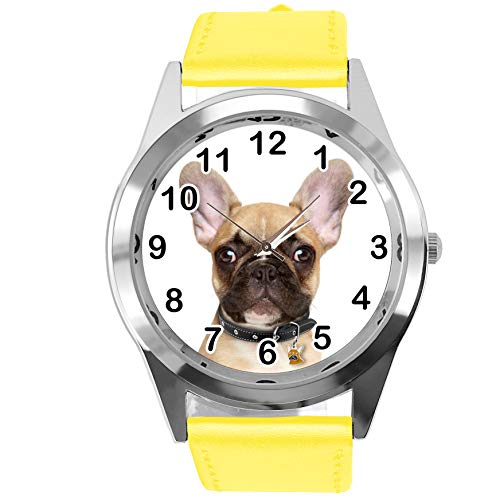 TAPORT® Armbanduhr Analog Quarz mit Echtlederband gelb rund für Französische Bulldogge Fans von TAPORT