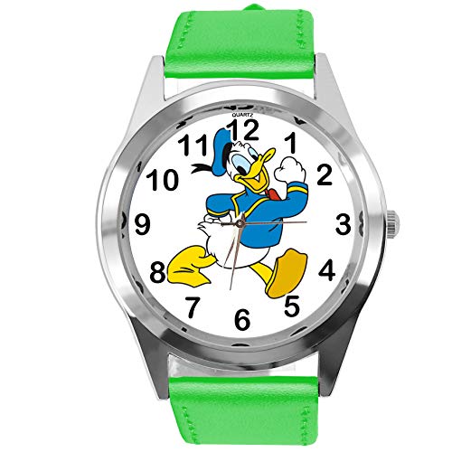 TAPORT® Armbanduhr Analog Quarz mit Echtlederband grün rund für Fan von Donald Duck von TAPORT