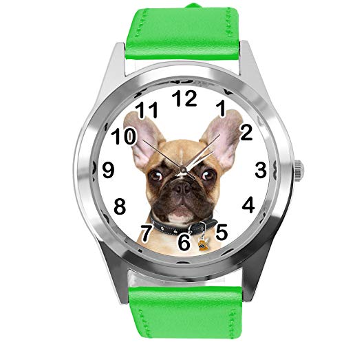 TAPORT® Armbanduhr Analog Quarz mit Echtlederband grün rund für Französische Bulldogge Fans von TAPORT