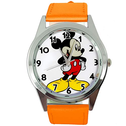 TAPORT® Armbanduhr Analog Quarz mit Echtlederband orange rund für Fan von Micky Maus von TAPORT