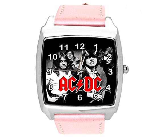 TAPORT® Armbanduhr Analog Quarz mit Echtlederband rosa Quadrat für Fan von ACDC von TAPORT