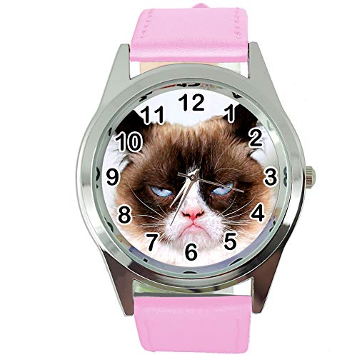 TAPORT® Armbanduhr Analog Quarz mit Echtlederband rosa rund für Fan von Grumpy Cat von TAPORT