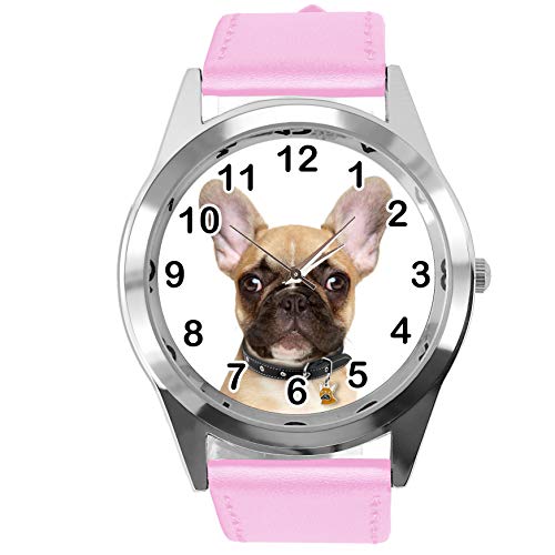 TAPORT® Armbanduhr Analog Quarz mit Echtlederband Rosa Rund für Französische Bulldogge Fans, rose, Gurt von TAPORT